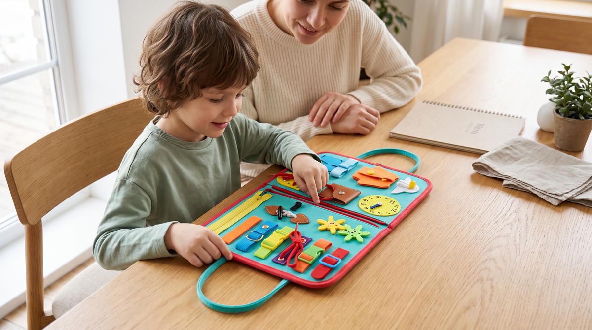 Child using the open turquoise busy book at a wooden table while an adult looks on