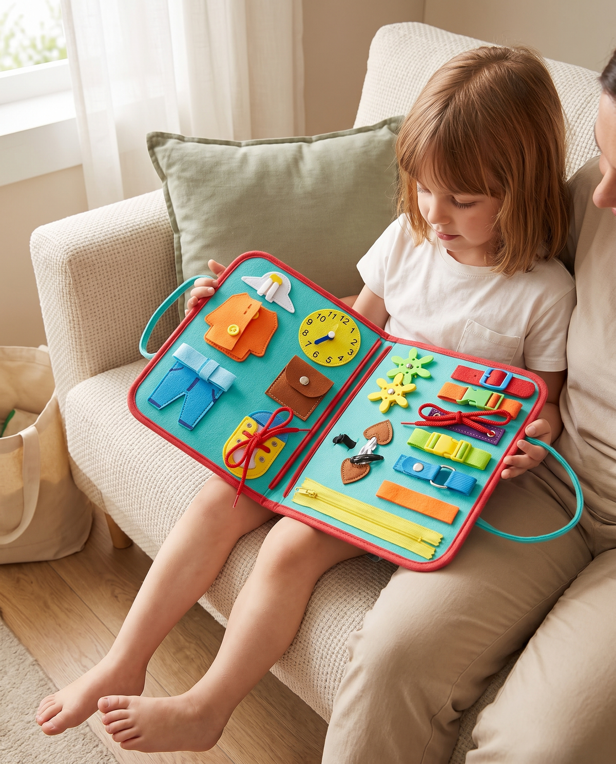 Child on a sofa holding the open busy book on their lap beside an adult