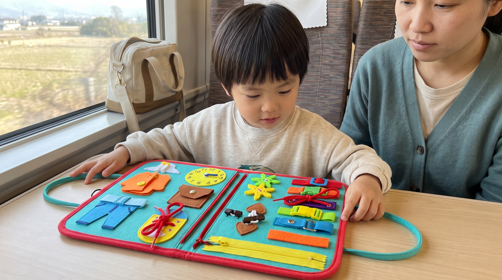 Child exploring the open busy book on a train table beside an adult